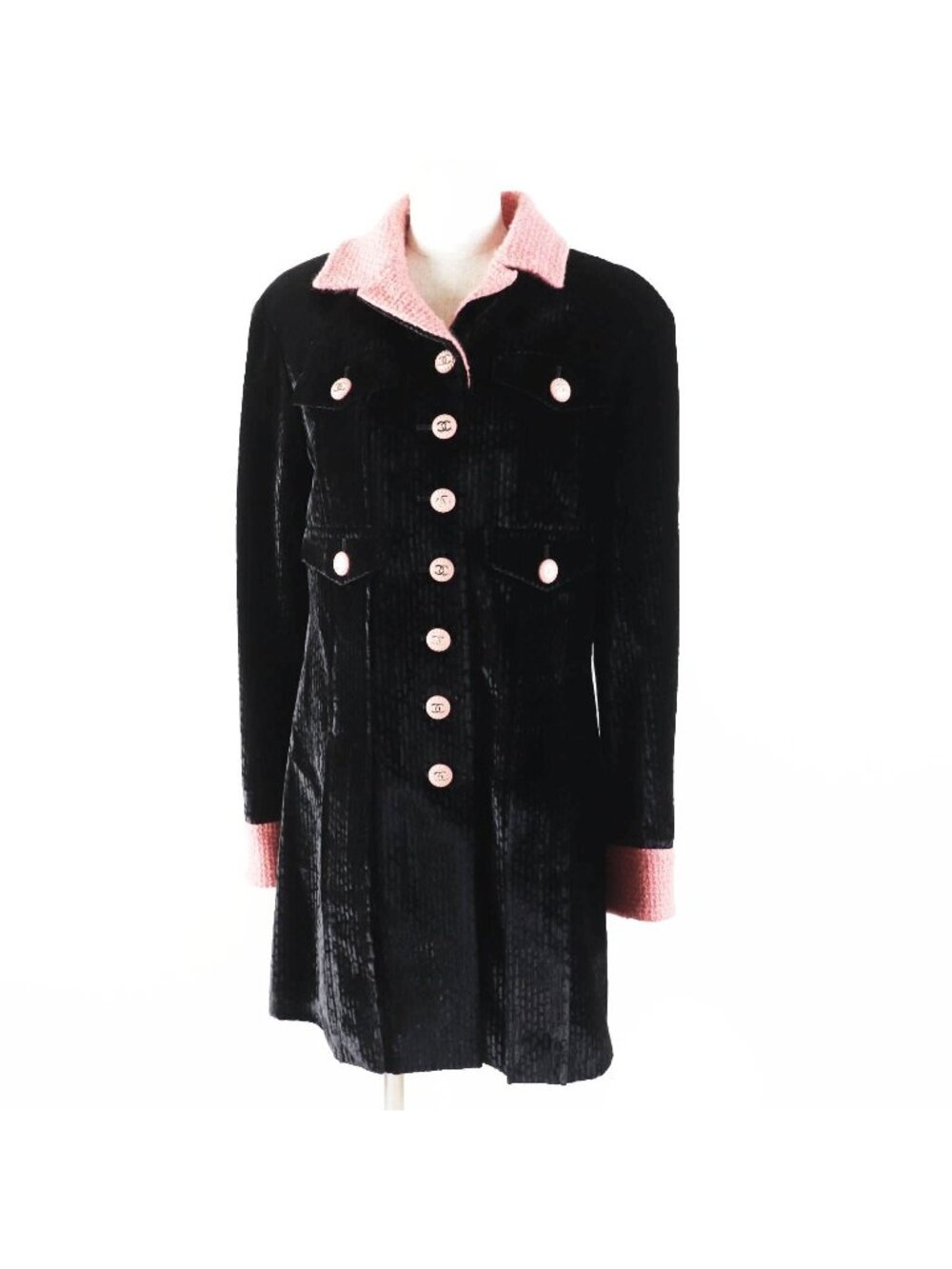 Chanel 22B Silk Blend Coco Buttons Tweed Switch Coat Black Pink French 38